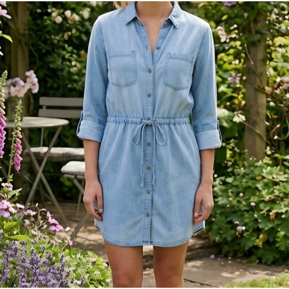 Gloria Vanderbilt Womens Blue Chambray Shirt Dress Drawstring Waist Light Wash M
